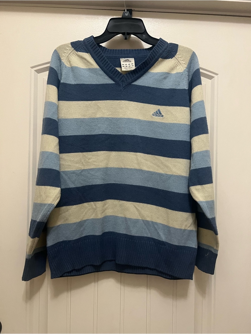 Vintage Adidas Men’s Striped V-Neck Sweater - Blue & Cream